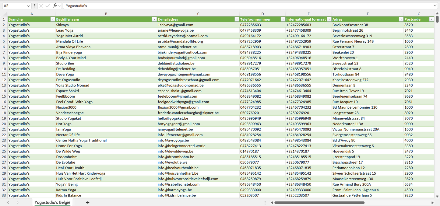 Dataset van alle yogastudio’s in België