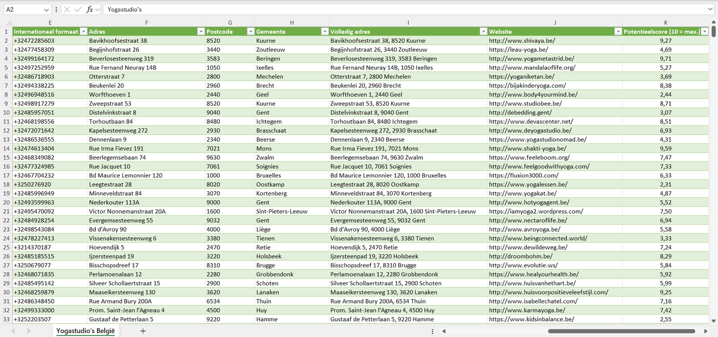 Dataset van alle yogastudio’s in België